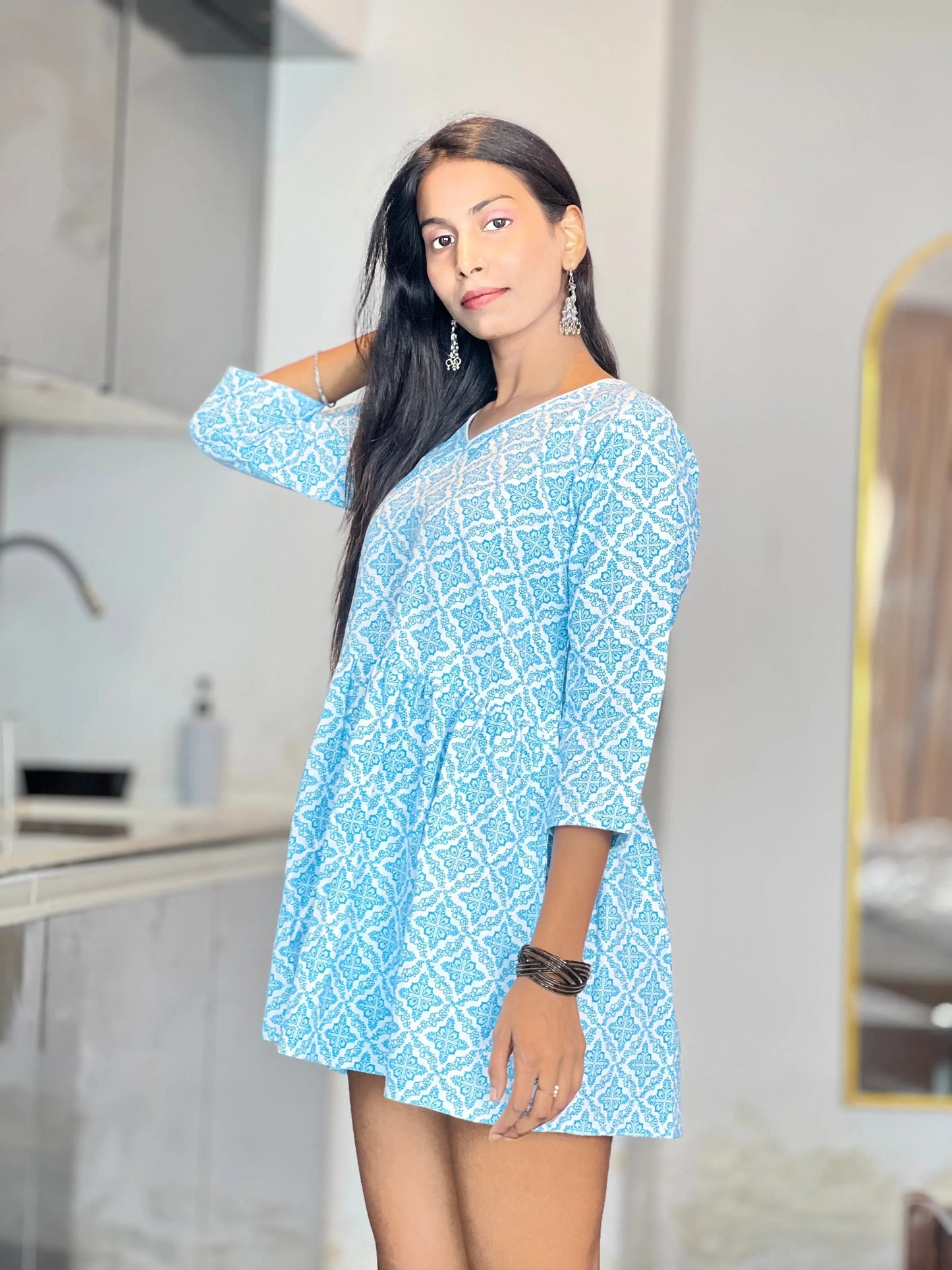 Kurti Wale Women's Short Cotton Kurti Dress – Blue Printed Flared Style Kurti Wale