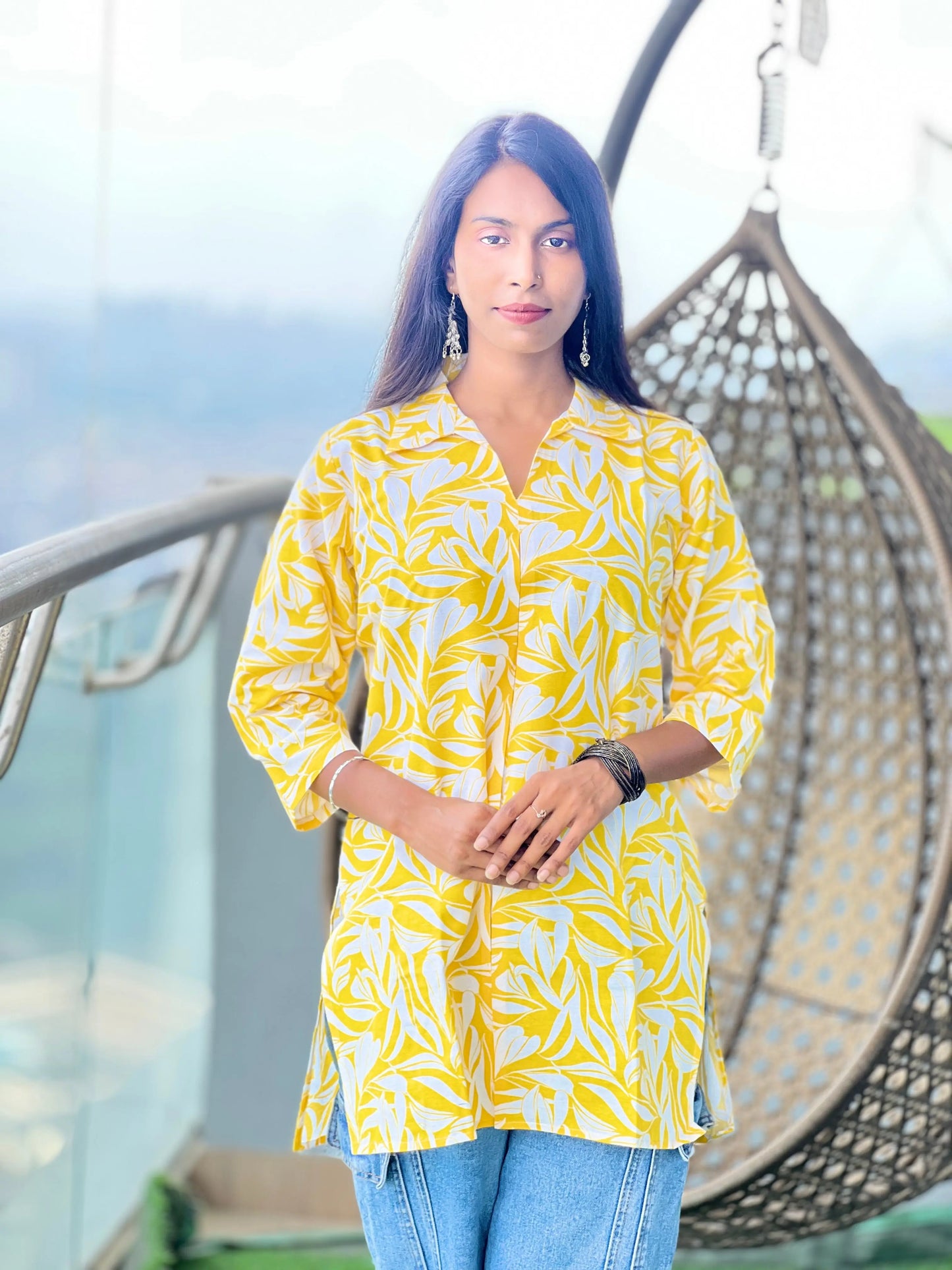 Kurti Wale Women's Yellow Leaf Print Cotton Kurti – 3/4 Sleeve Everyday Wear Kurti Wale