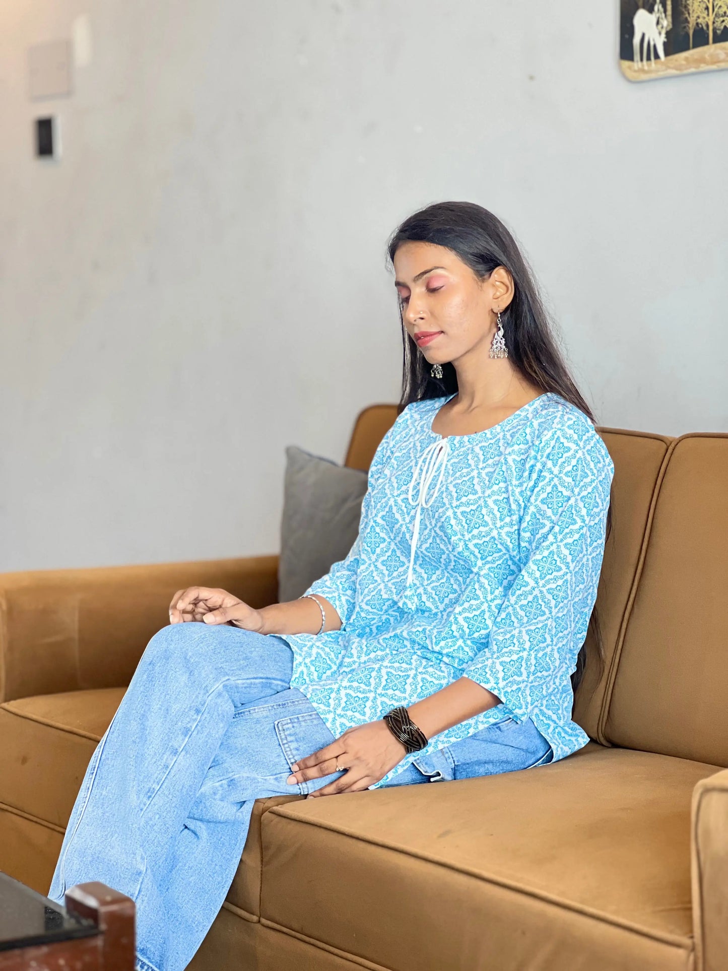 Kurti Wale Women's Light Blue Cotton Printed Kurti – Soft & Stylish Daily Wear | Comfortable & Affordable Fashion Kurti Wale