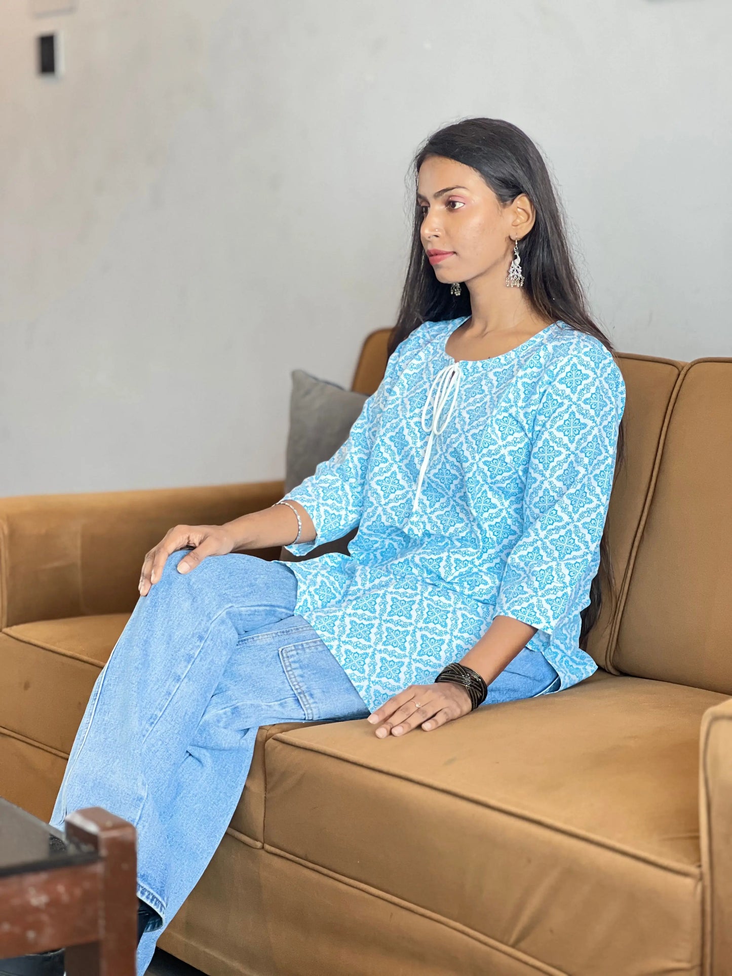 Kurti Wale Women's Light Blue Cotton Printed Kurti – Soft & Stylish Daily Wear | Comfortable & Affordable Fashion Kurti Wale