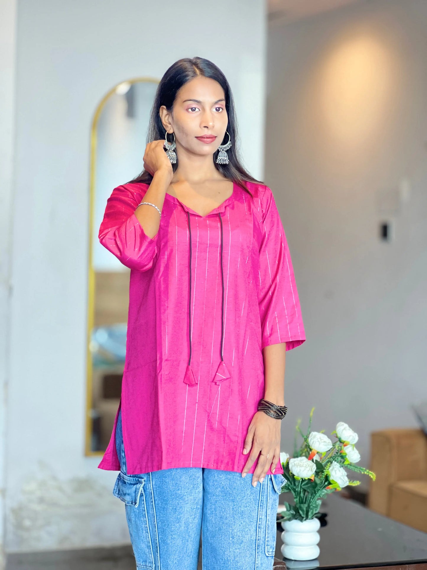 Magenta Cotton Kurti for Women with Tassel Neck Kurti Wale