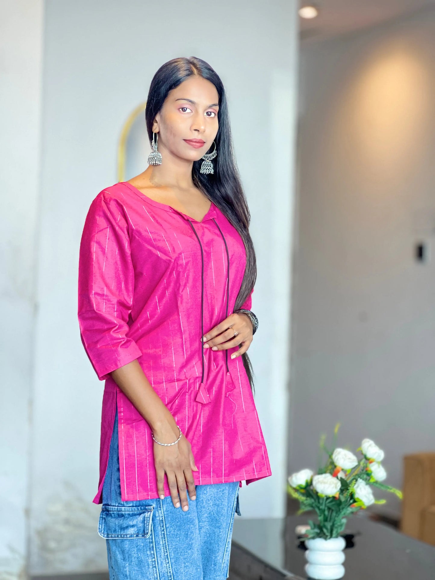Magenta Cotton Kurti for Women with Tassel Neck Kurti Wale