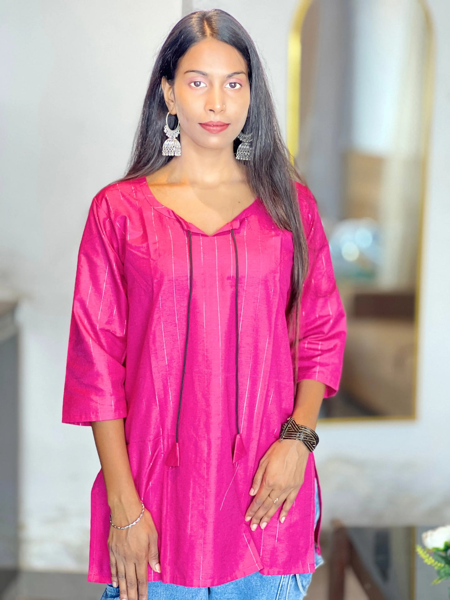 Magenta Cotton Kurti for Women with Tassel Neck Kurti Wale