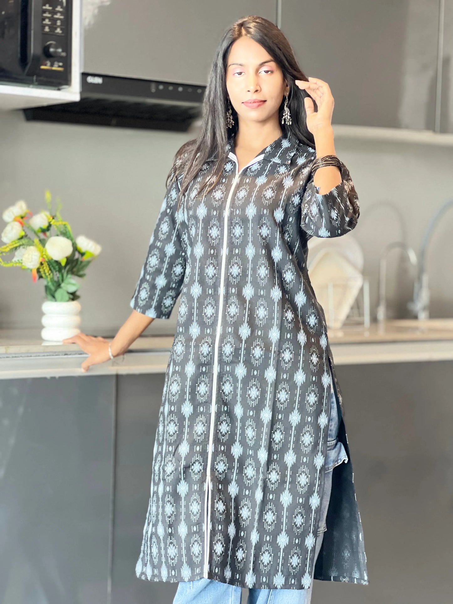 Black Ikat Print Cotton Straight Kurti for Women Kurti Wale