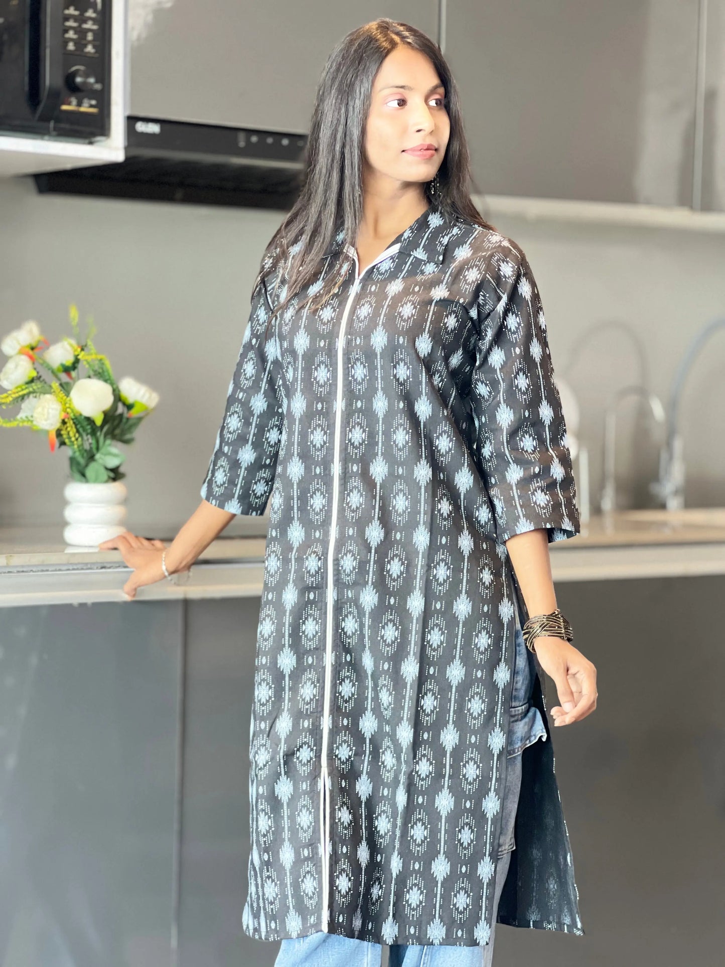 Black Ikat Print Cotton Straight Kurti for Women Kurti Wale