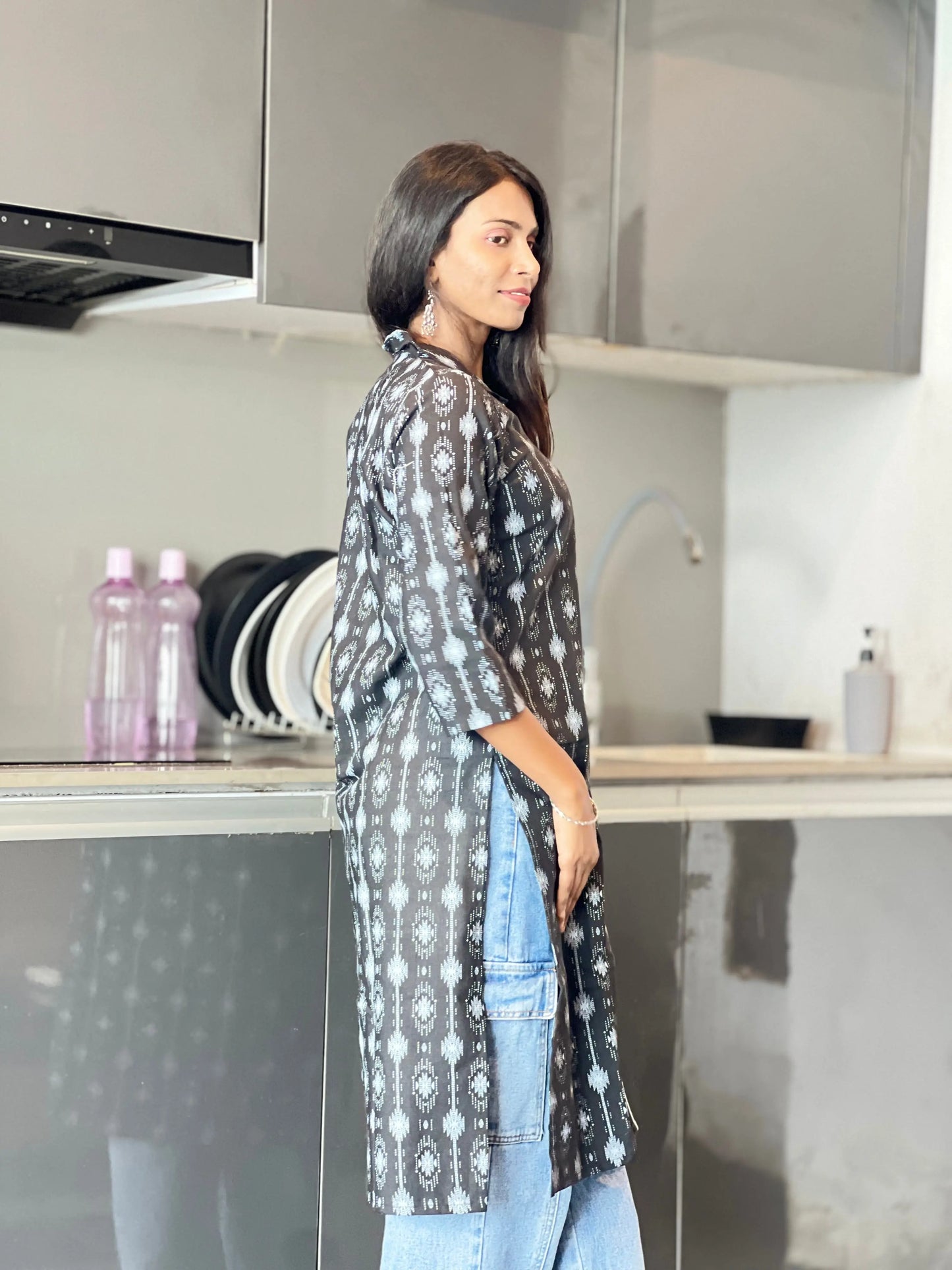 Black Ikat Print Cotton Straight Kurti for Women Kurti Wale