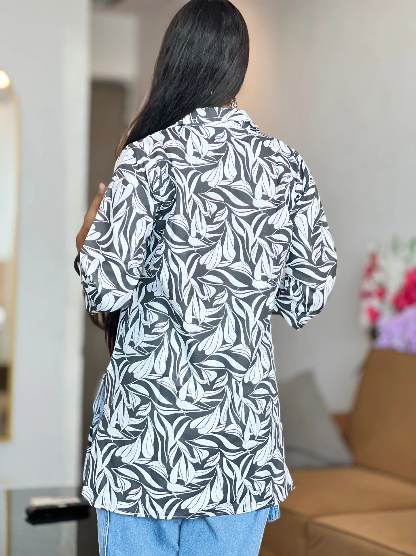 Elegant Grey & White Leaf Print Cotton Kurti for Women Kurti Wale