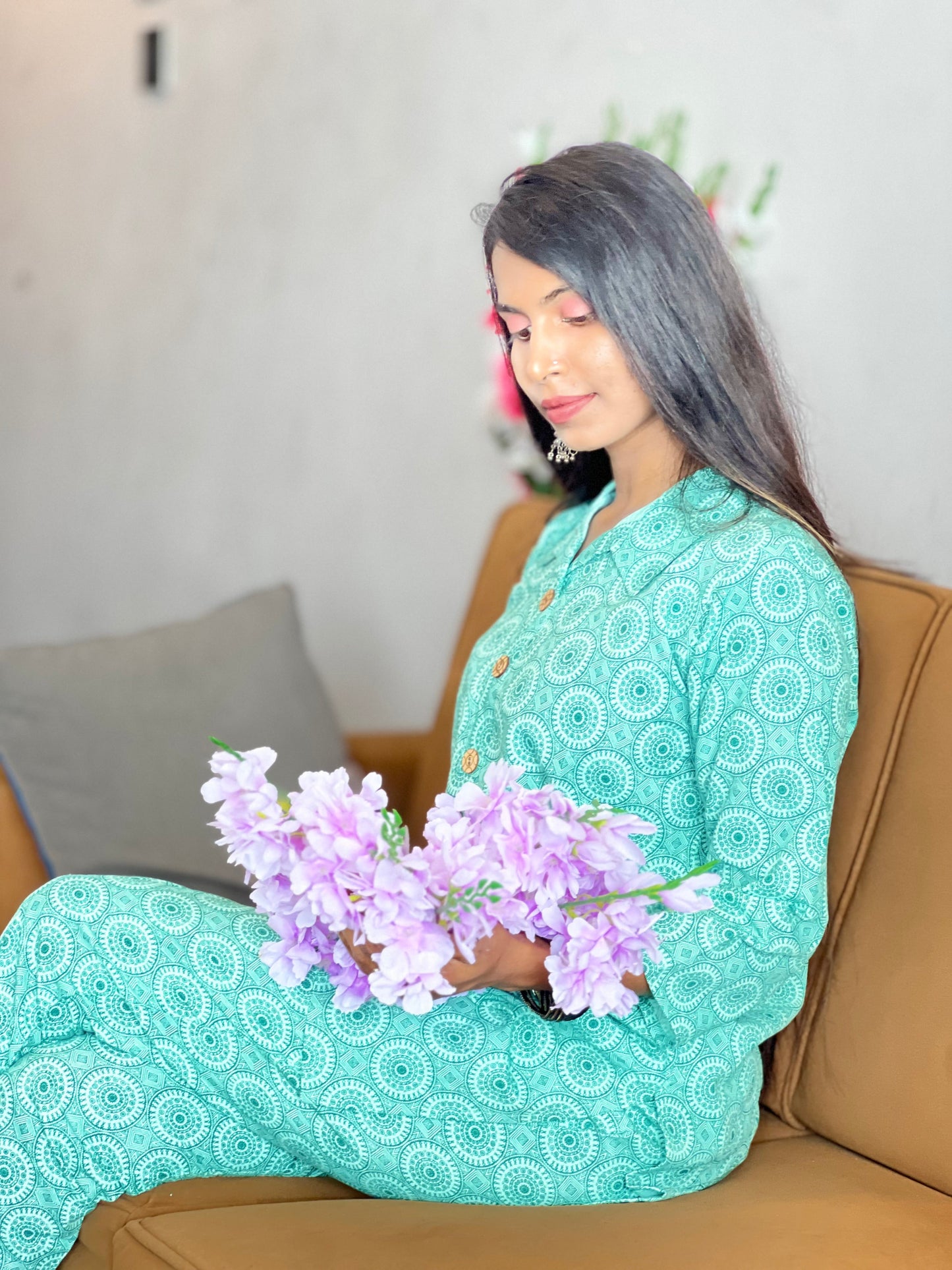Kurti Wale Women's Cotton Co-ord Set – Green Printed Kurta with Pants | Comfortable & Affordable Daily Wear Kurti Wale