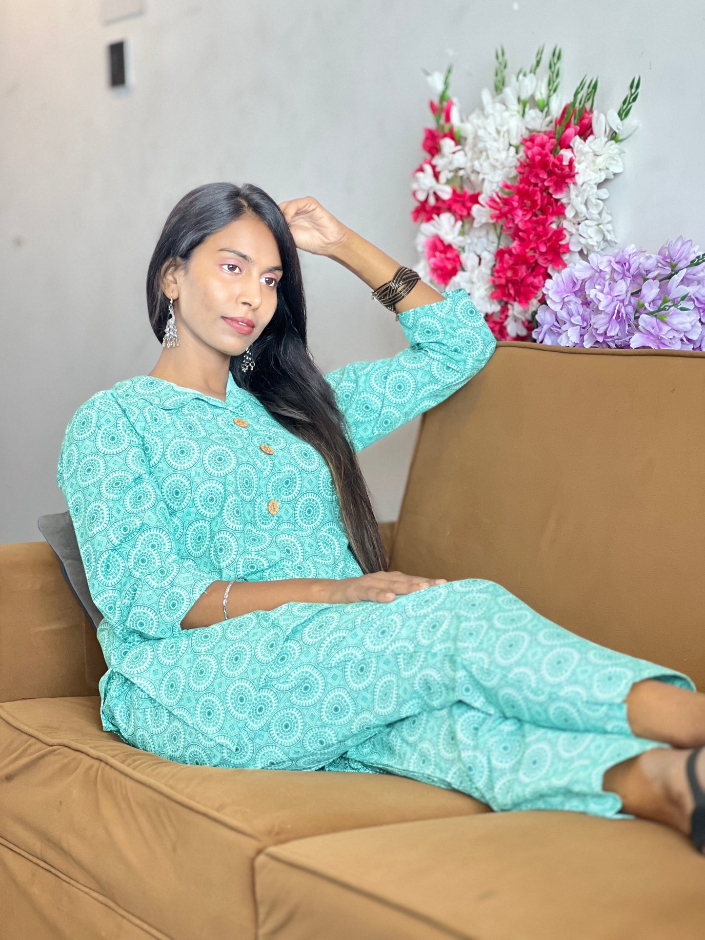 Kurti Wale Women's Cotton Co-ord Set – Green Printed Kurta with Pants | Comfortable & Affordable Daily Wear Kurti Wale