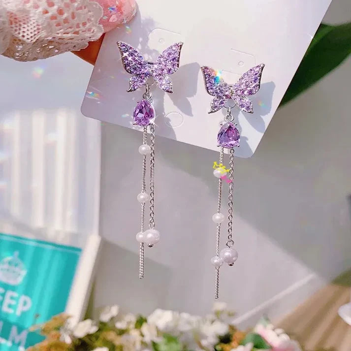Purple Butterfly Long Pearl Tassel Earrings Kurti Wale