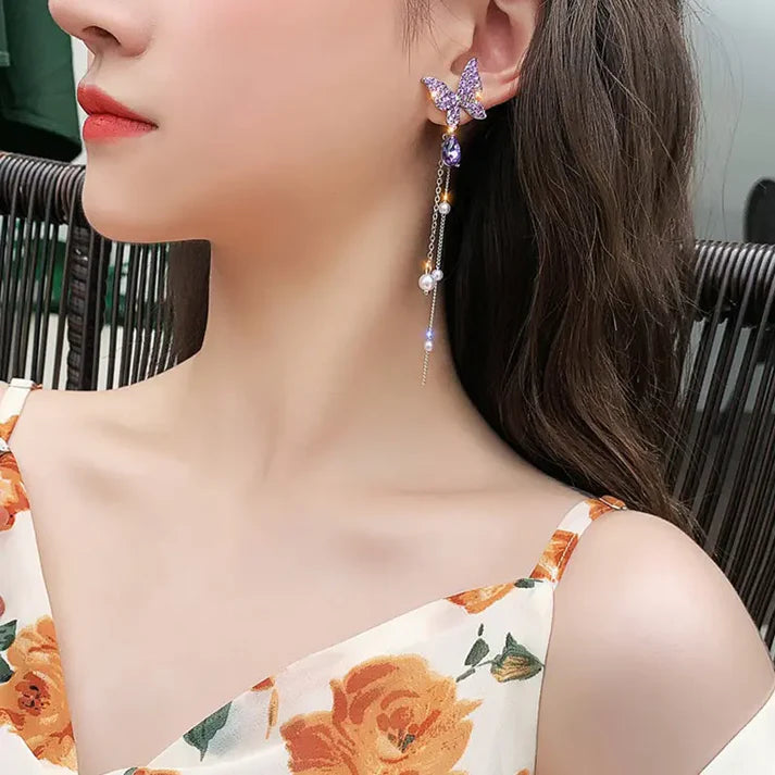 Purple Butterfly Long Pearl Tassel Earrings Kurti Wale