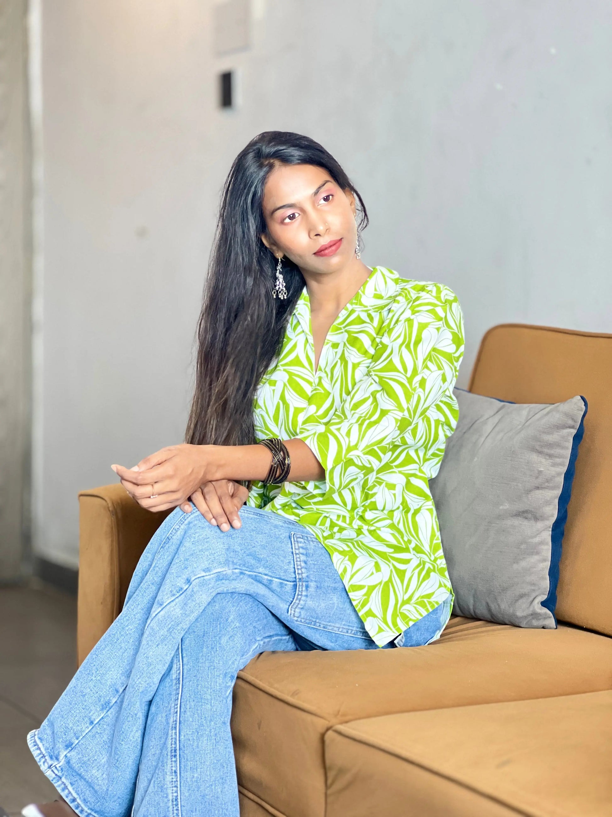 Kurti Wale Women's Green Leaf Print Cotton Kurti – Stylish 3/4 Sleeve Casual Wear Kurti Wale