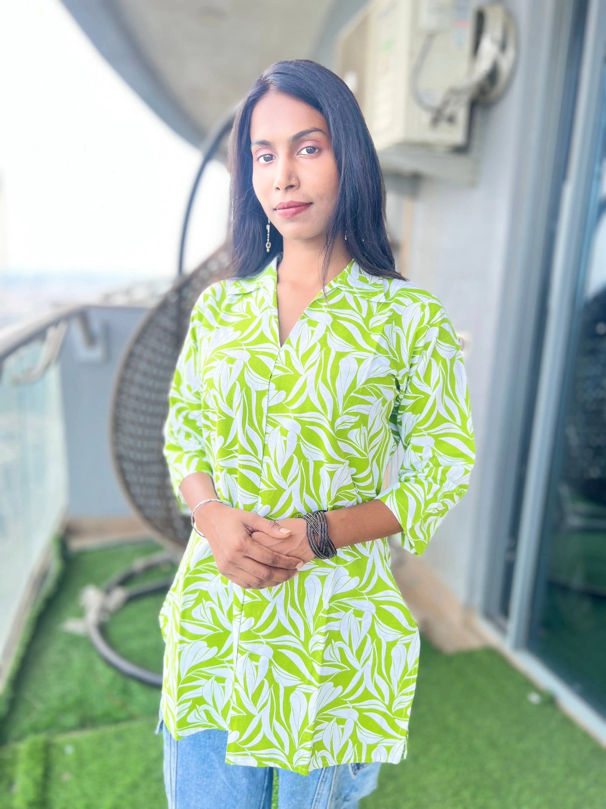 Kurti Wale Women's Green Leaf Print Cotton Kurti – Stylish 3/4 Sleeve Casual Wear Kurti Wale