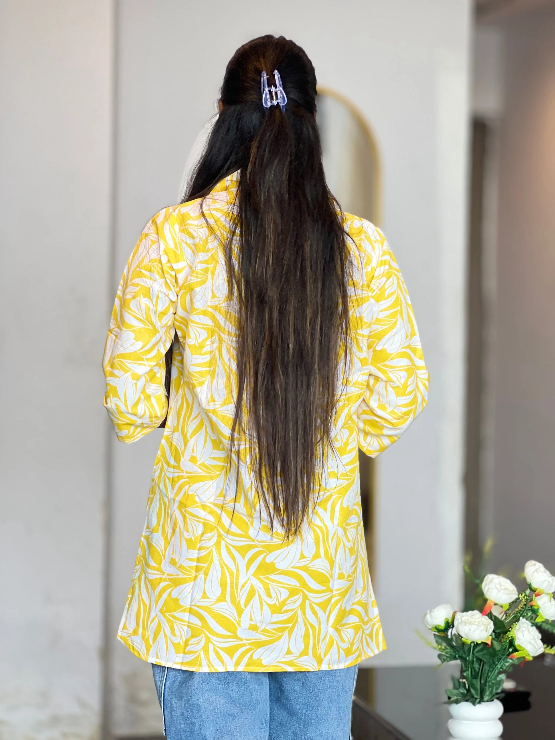 Kurti Wale Women's Yellow Leaf Print Cotton Kurti – 3/4 Sleeve Everyday Wear Kurti Wale