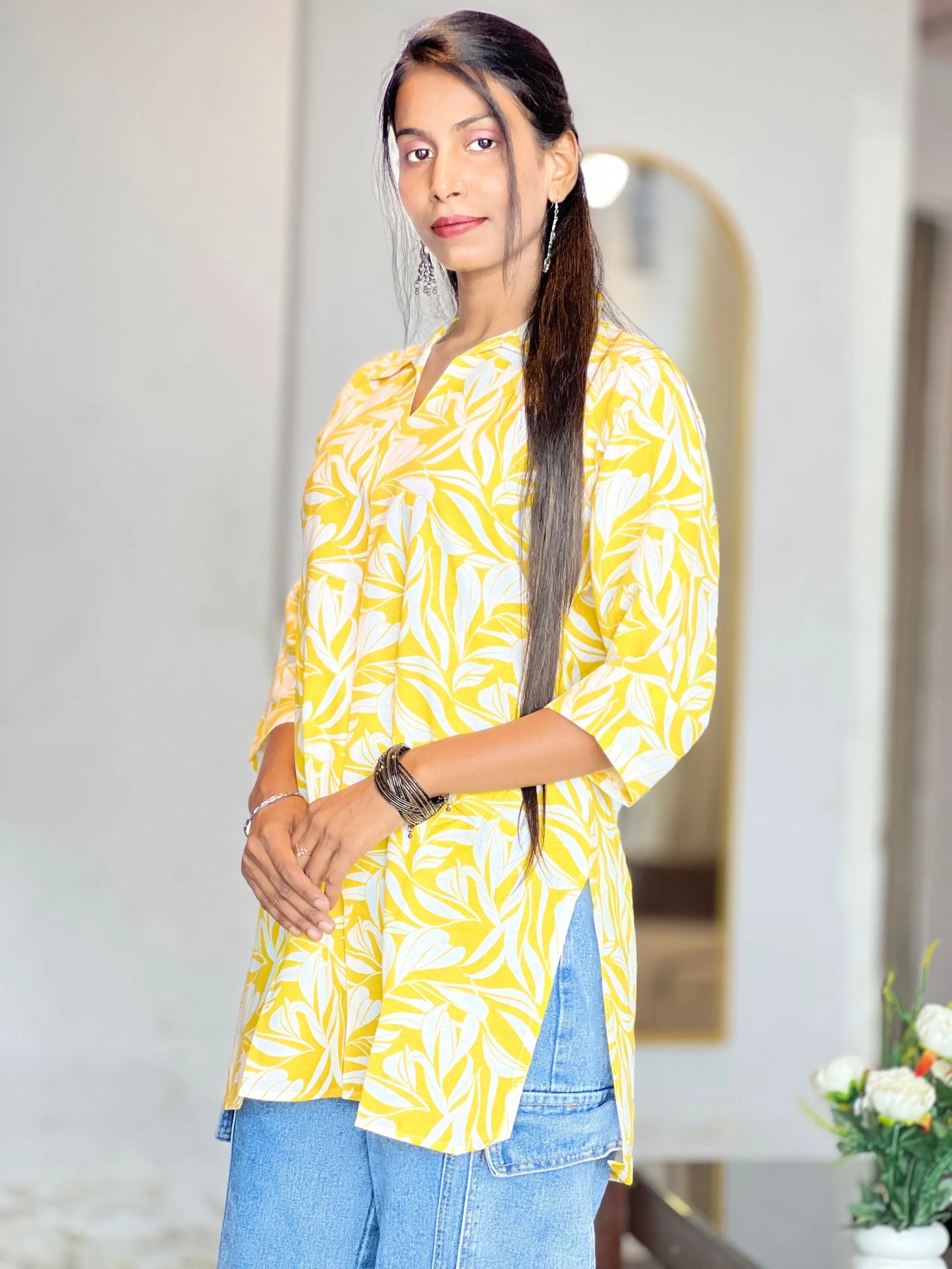 Kurti Wale Women's Yellow Leaf Print Cotton Kurti – 3/4 Sleeve Everyday Wear Kurti Wale