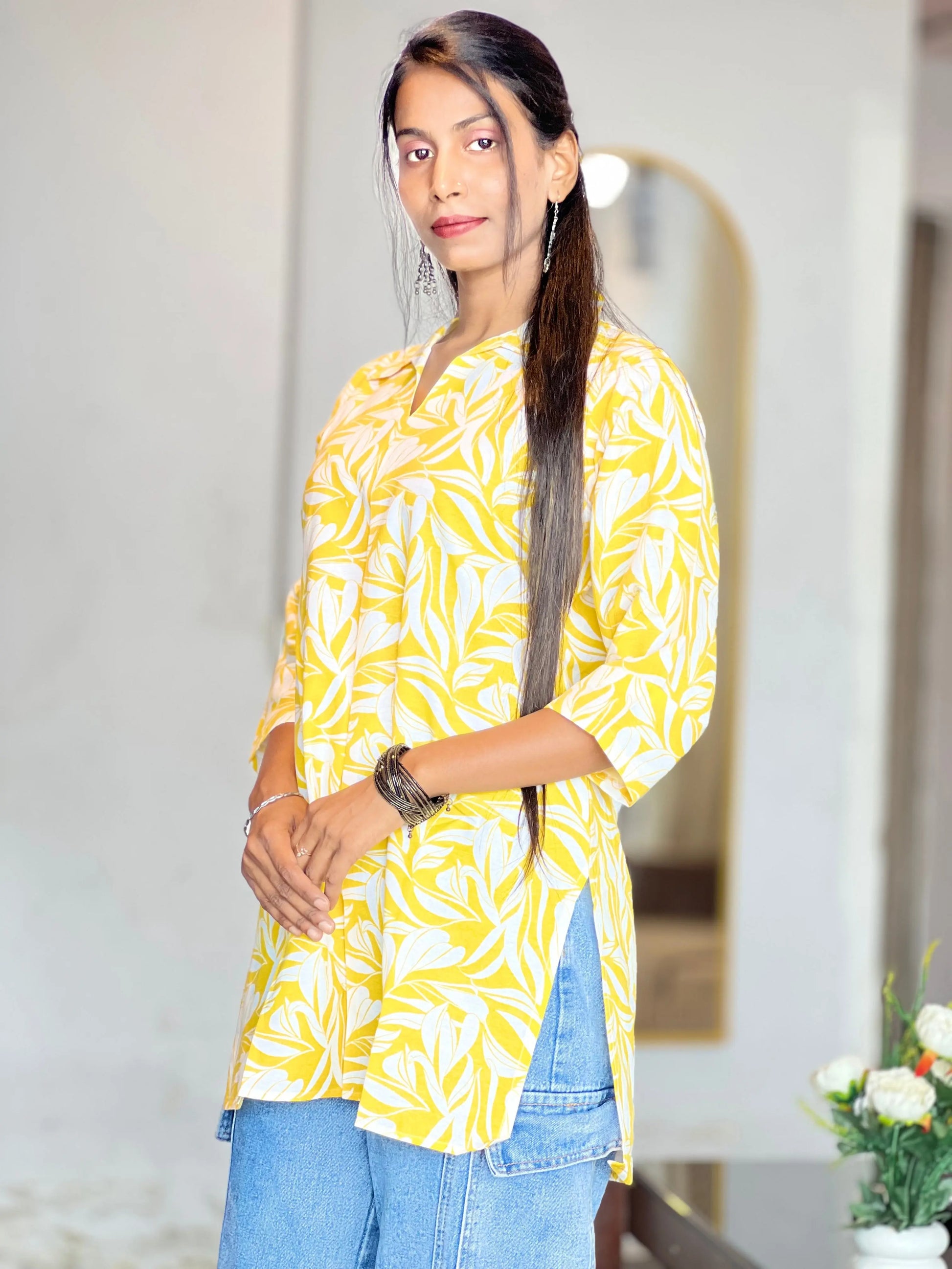 Kurti Wale Women's Yellow Leaf Print Cotton Kurti – 3/4 Sleeve Everyday Wear Kurti Wale