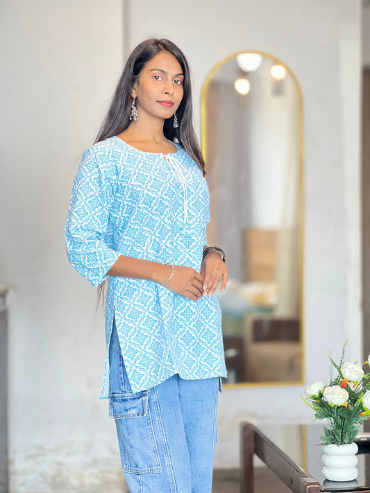 Kurti Wale Women's Light Blue Cotton Printed Kurti – Soft & Stylish Daily Wear | Comfortable & Affordable Fashion Kurti Wale