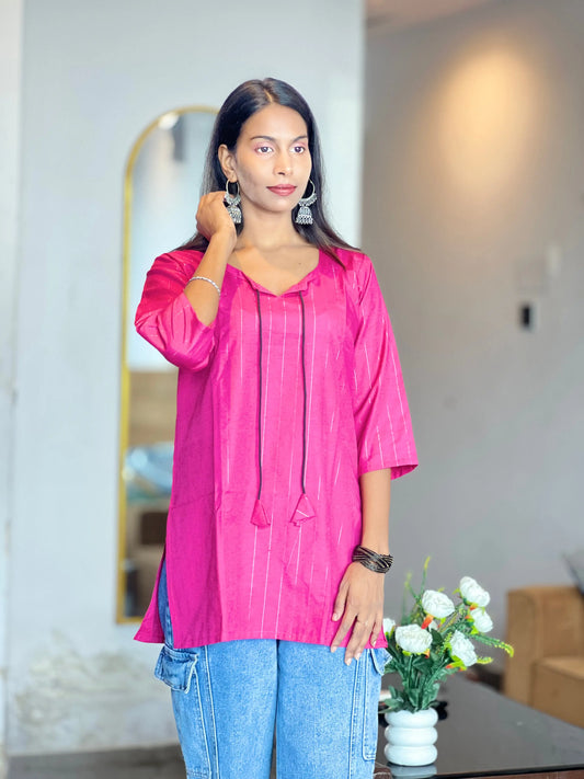 Magenta Cotton Kurti for Women with Tassel Neck Kurti Wale