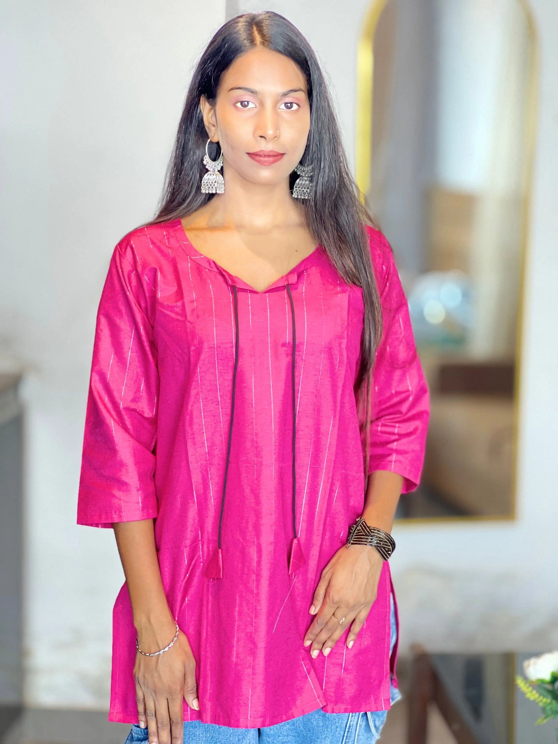 Magenta Cotton Kurti for Women with Tassel Neck Kurti Wale