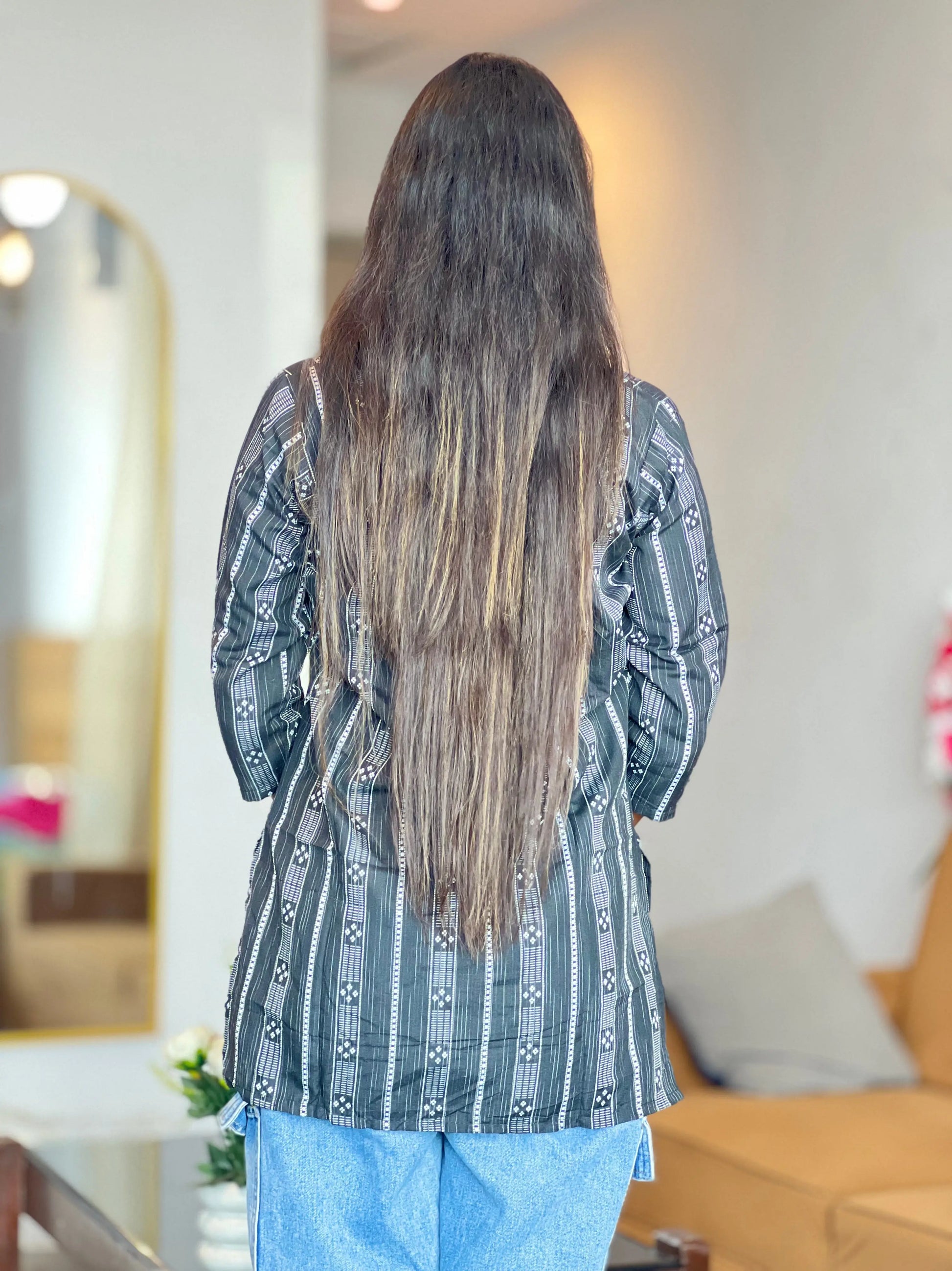 Black & White Striped Cotton Kurti with Tassel Neck Kurti Wale