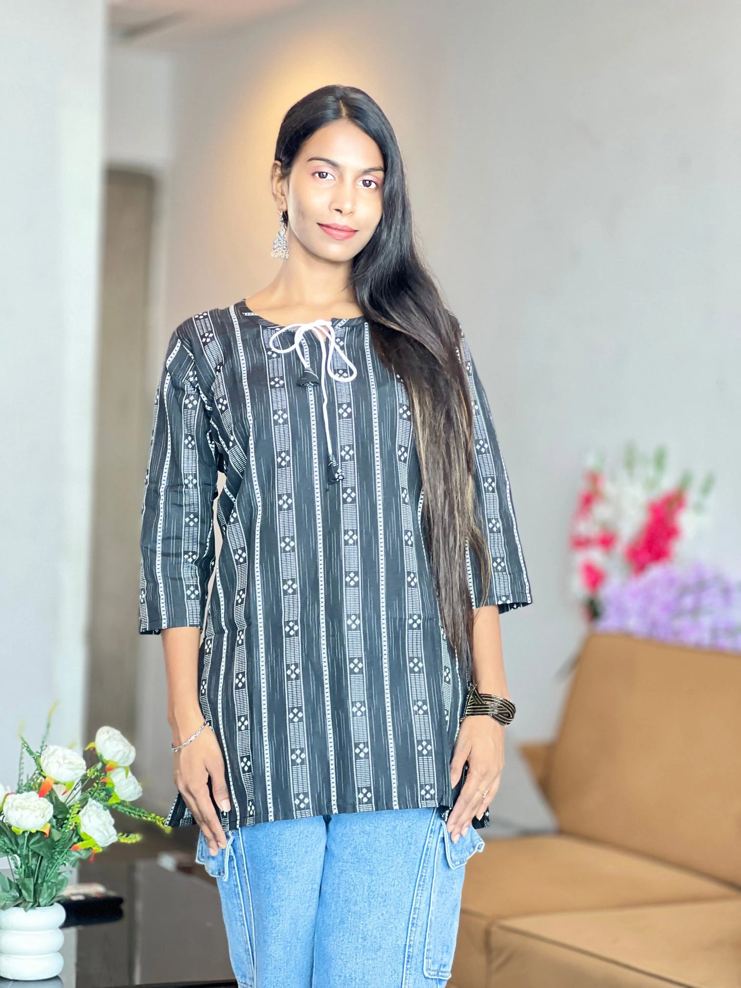 Black & White Striped Cotton Kurti with Tassel Neck Kurti Wale