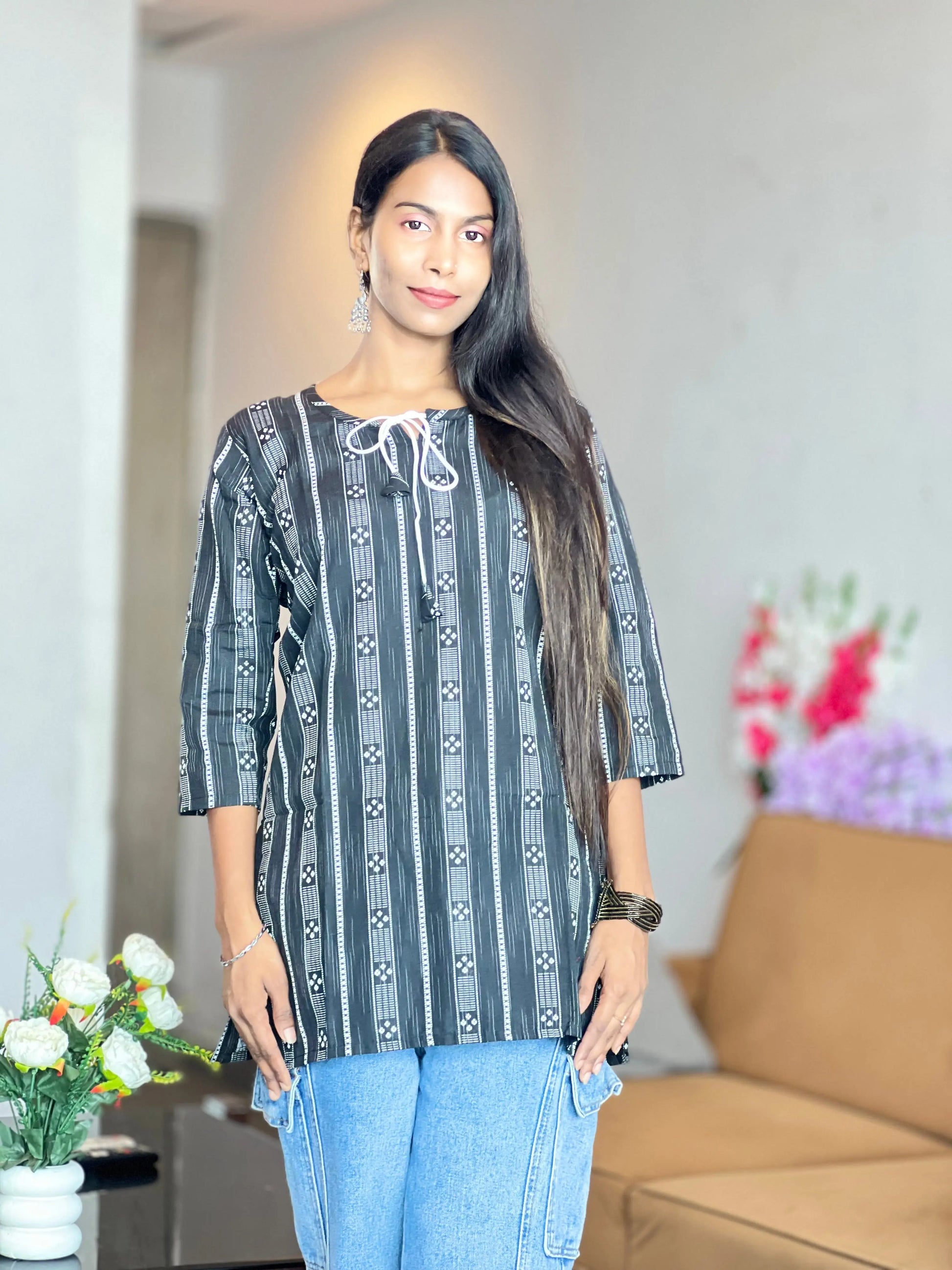 Black & White Striped Cotton Kurti with Tassel Neck Kurti Wale