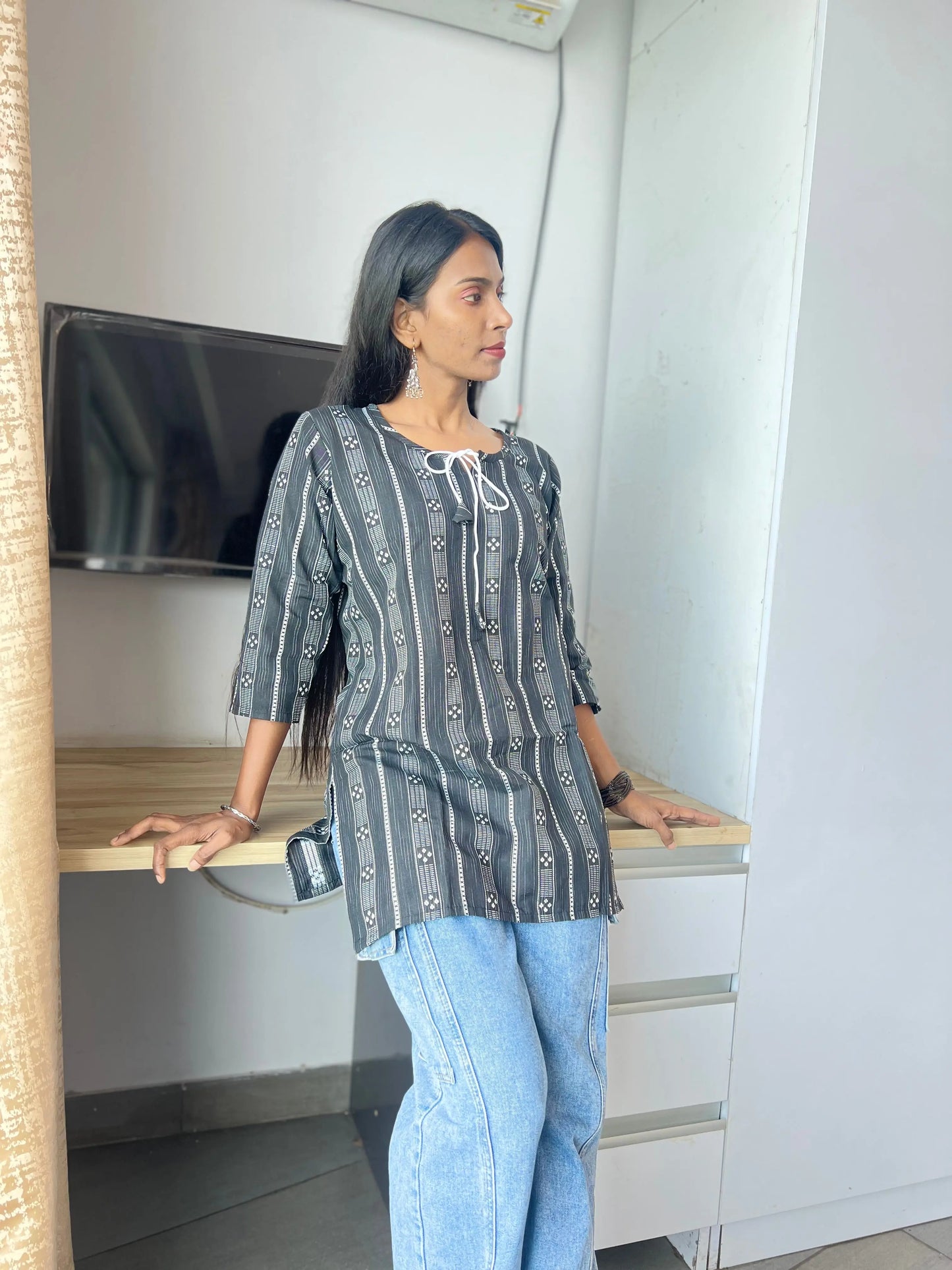 Black & White Striped Cotton Kurti with Tassel Neck Kurti Wale