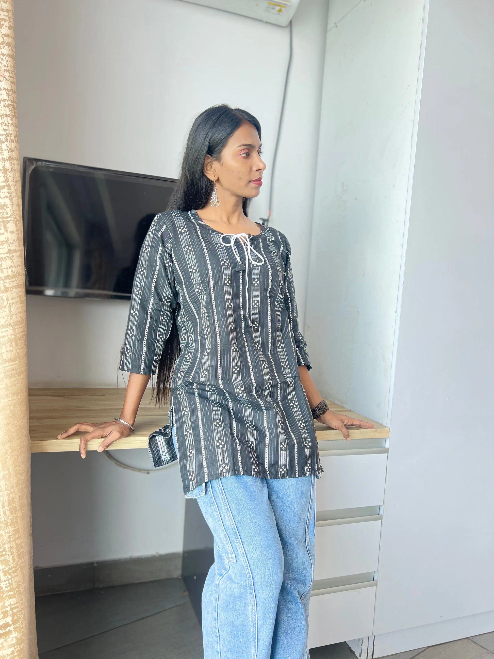 Black & White Striped Cotton Kurti with Tassel Neck Kurti Wale