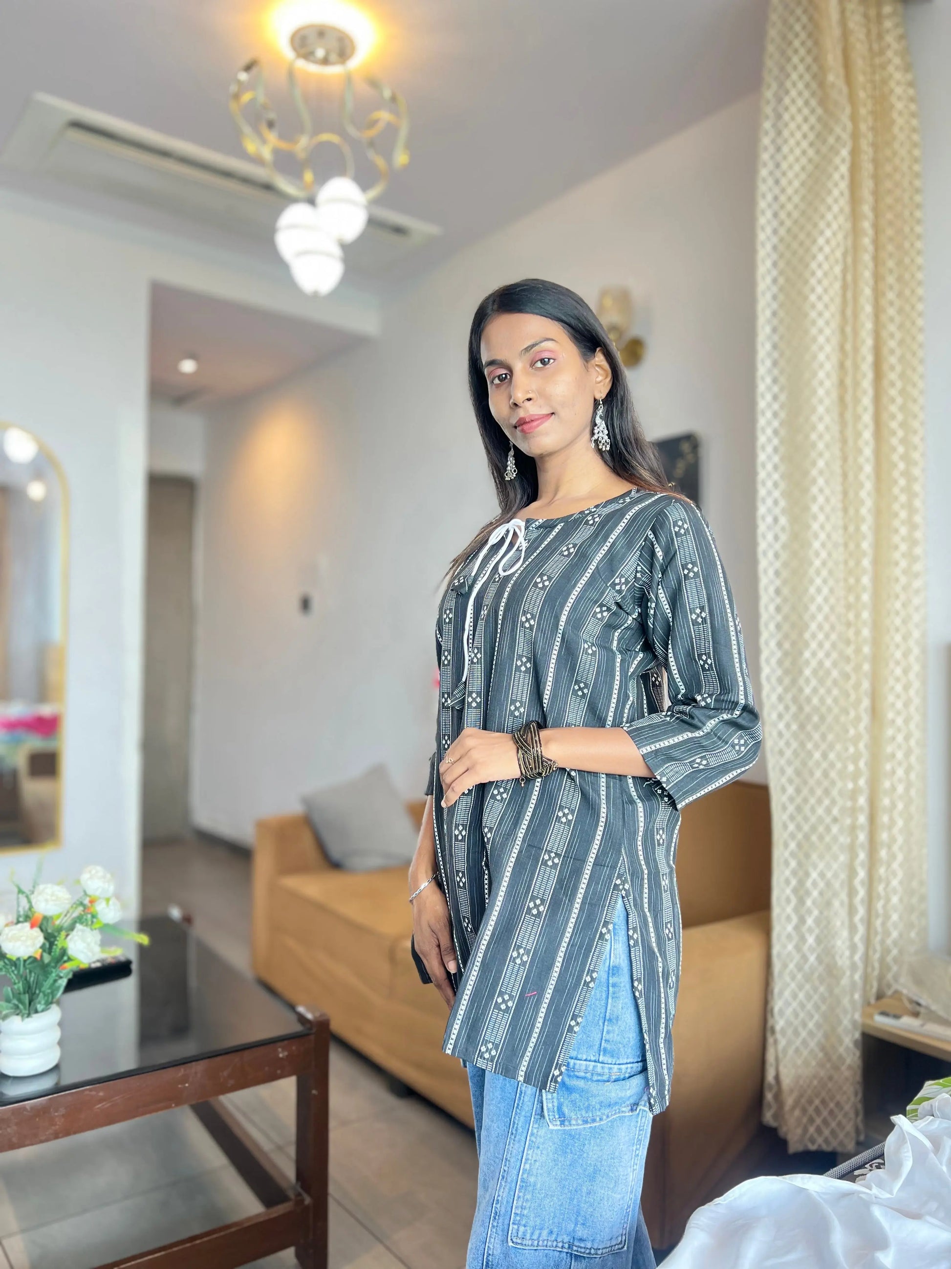 Black & White Striped Cotton Kurti with Tassel Neck Kurti Wale