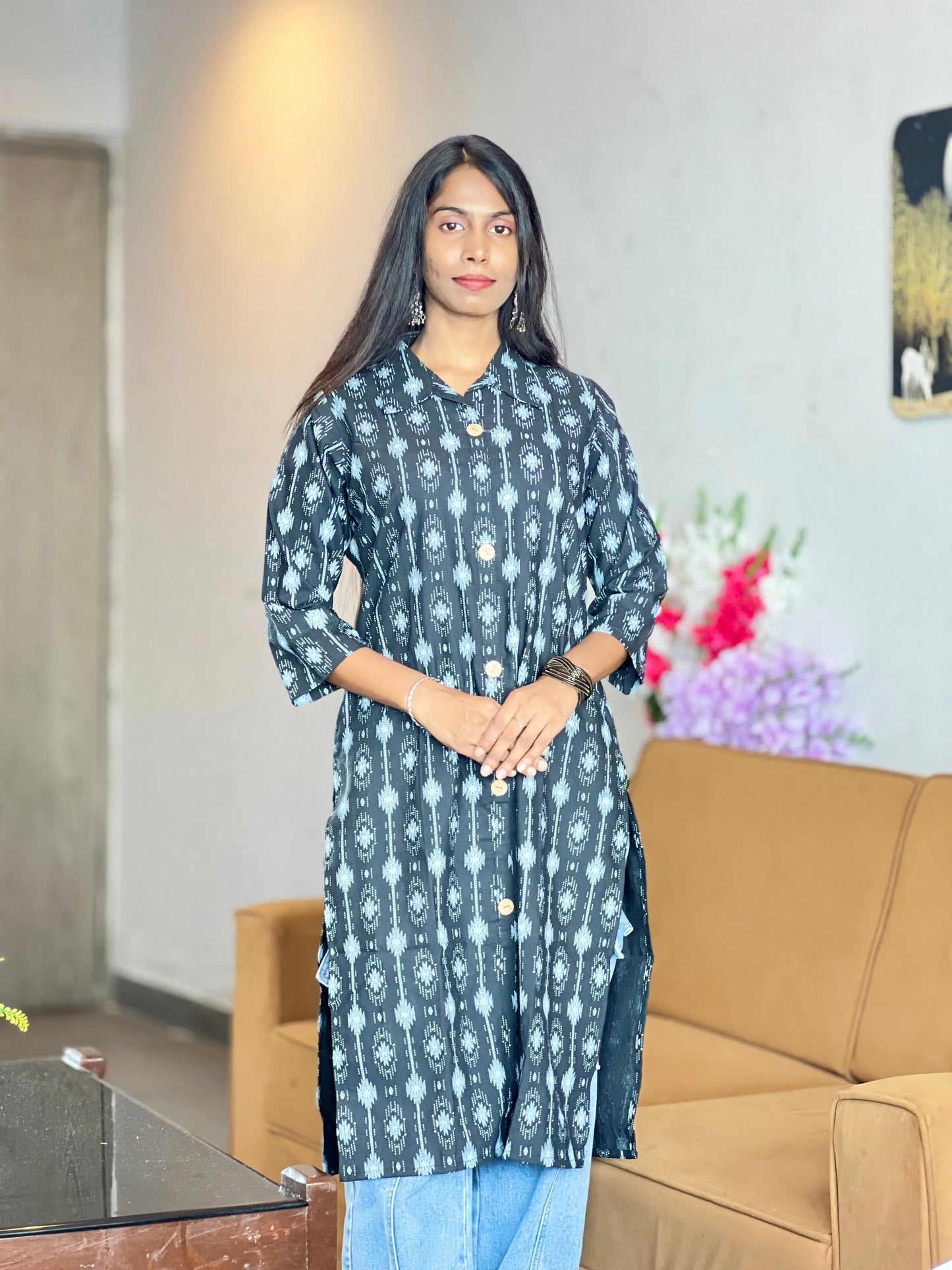 Black Ikat Print Cotton Kurti for Women with Front Buttons Kurti Wale