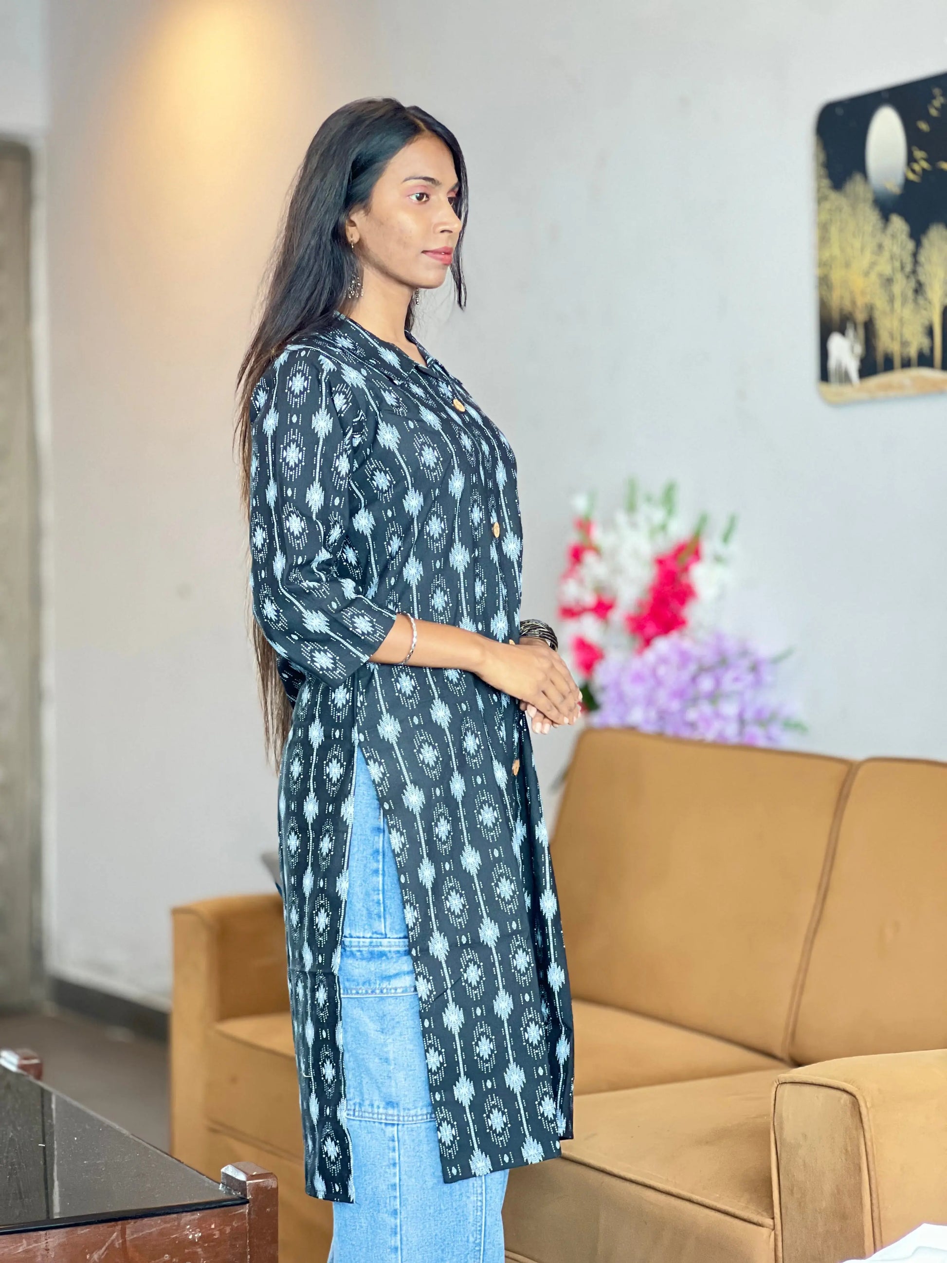 Black Ikat Print Cotton Kurti for Women with Front Buttons Kurti Wale