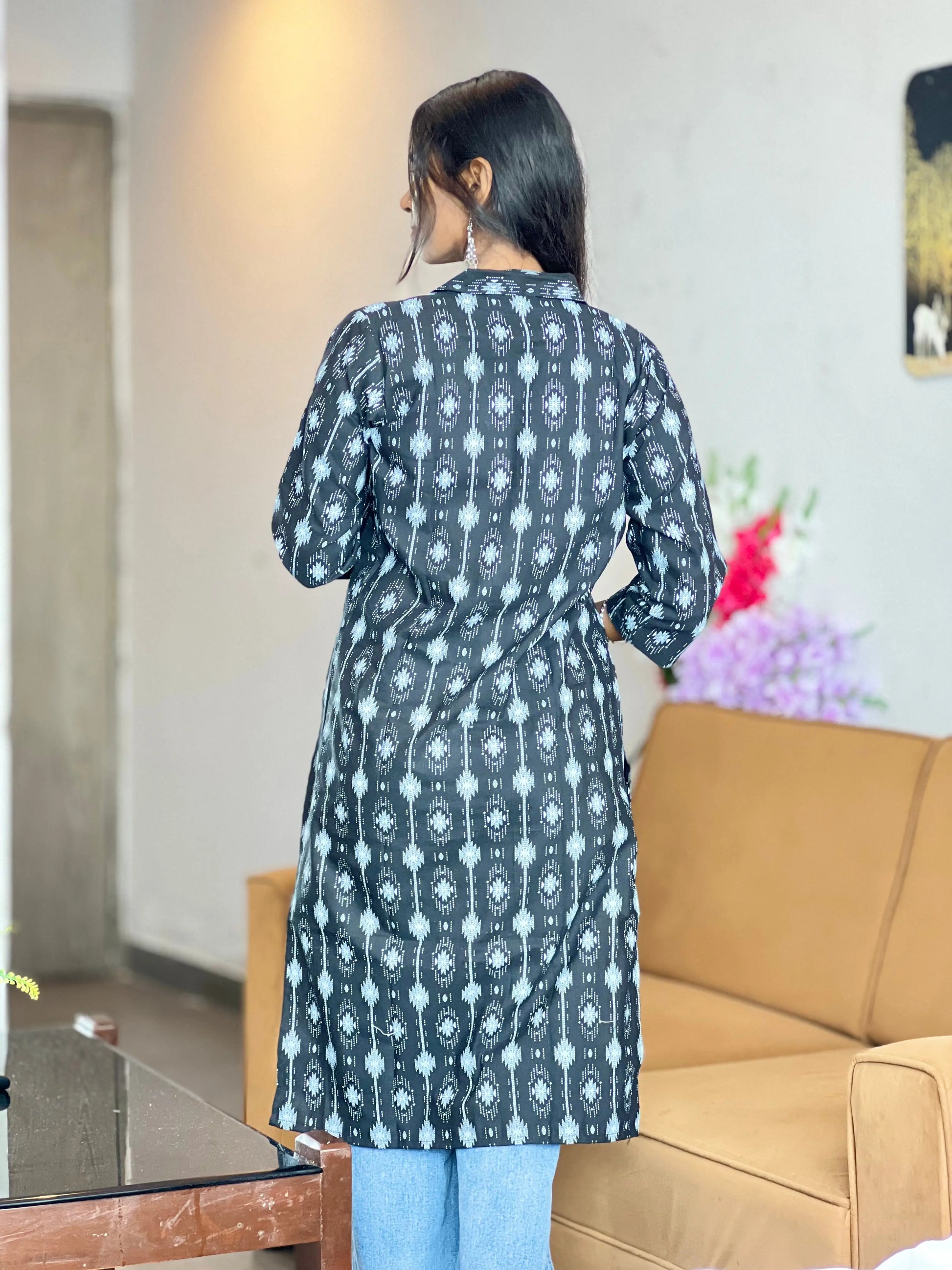 Black Ikat Print Cotton Kurti for Women with Front Buttons Kurti Wale
