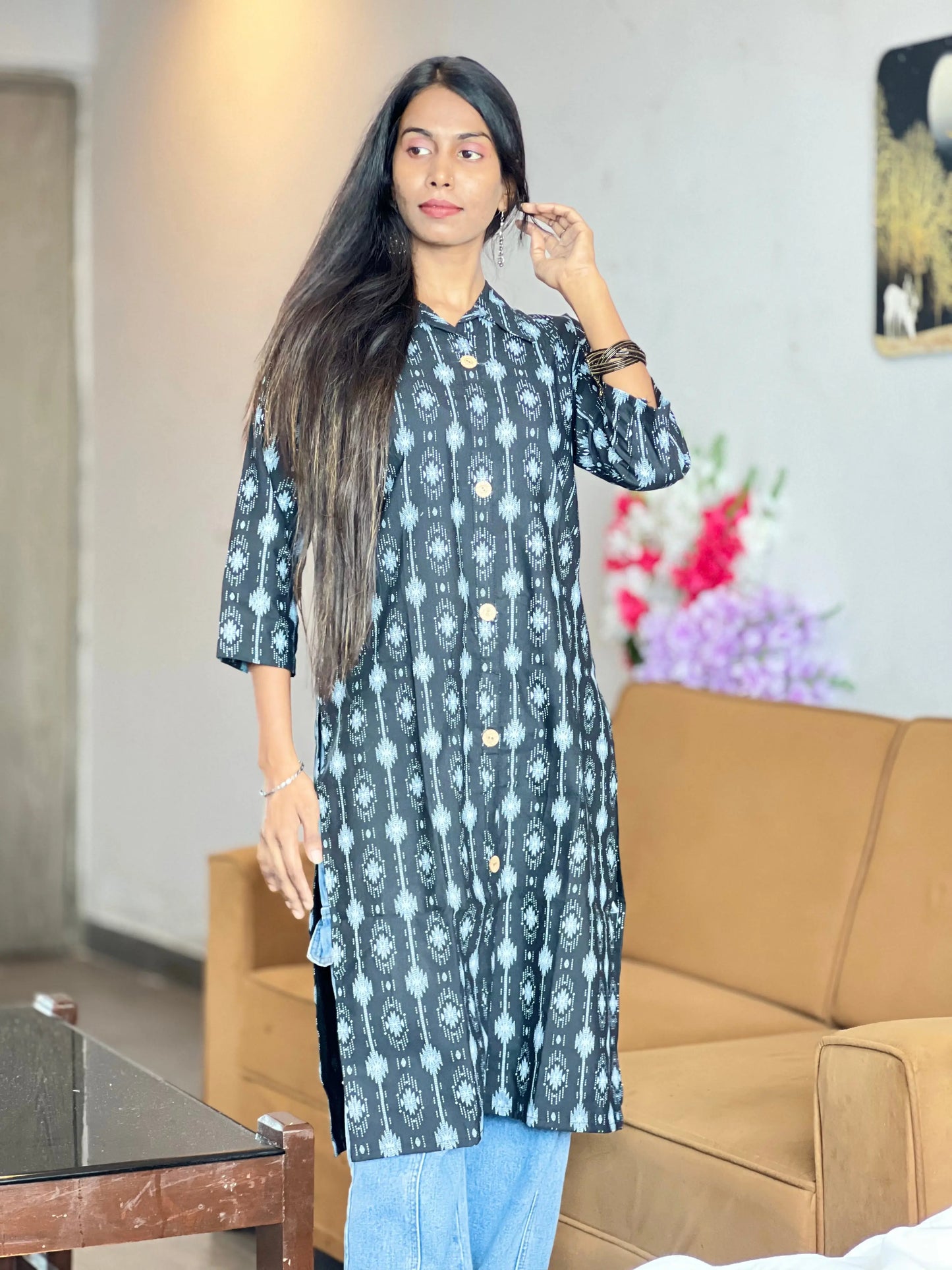 Black Ikat Print Cotton Kurti for Women with Front Buttons Kurti Wale
