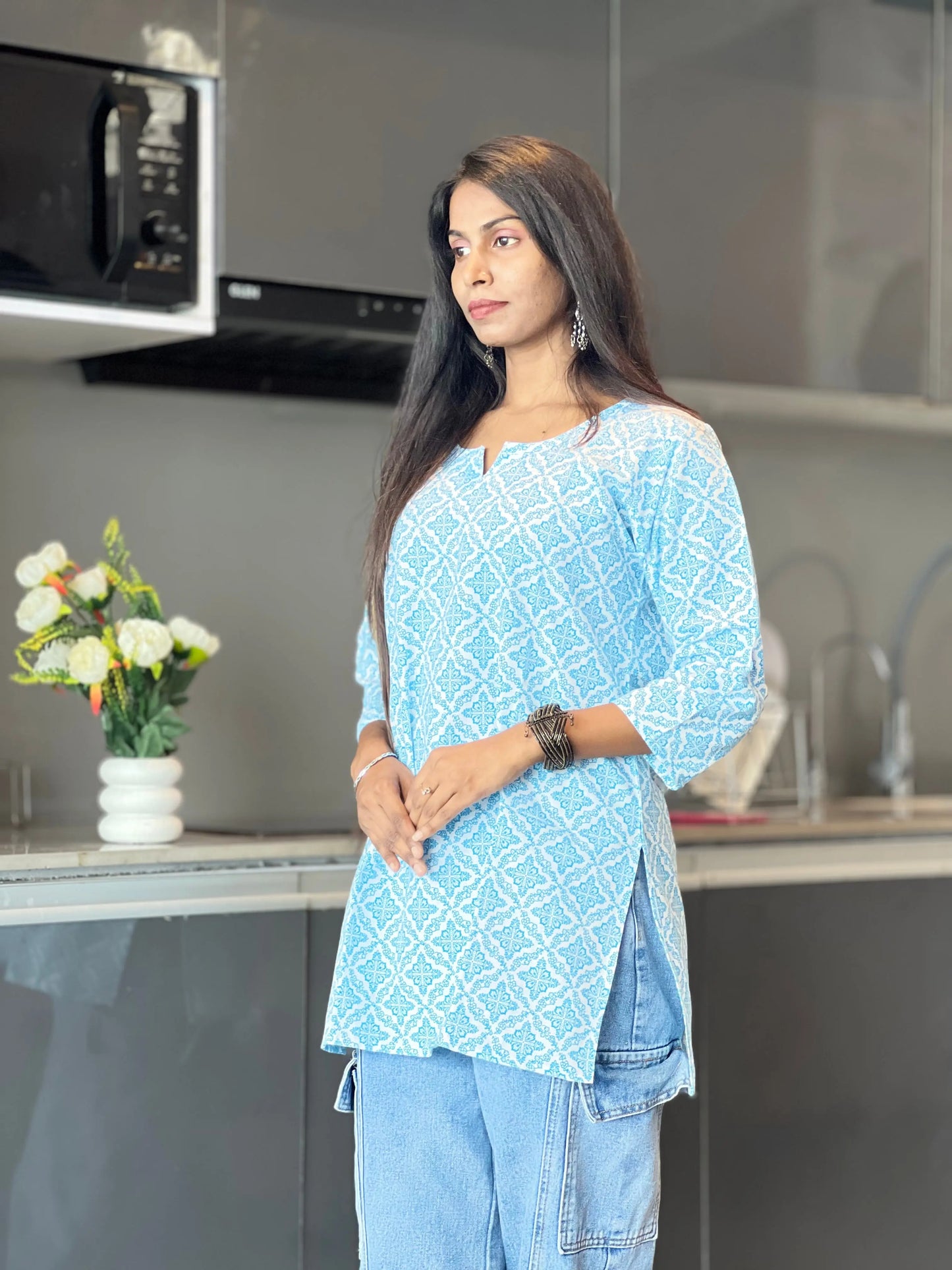 Sky Blue Printed Cotton Kurti for Women Kurti Wale