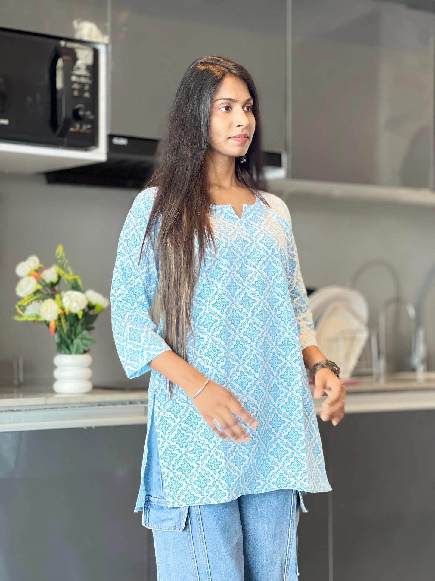 Sky Blue Printed Cotton Kurti for Women Kurti Wale