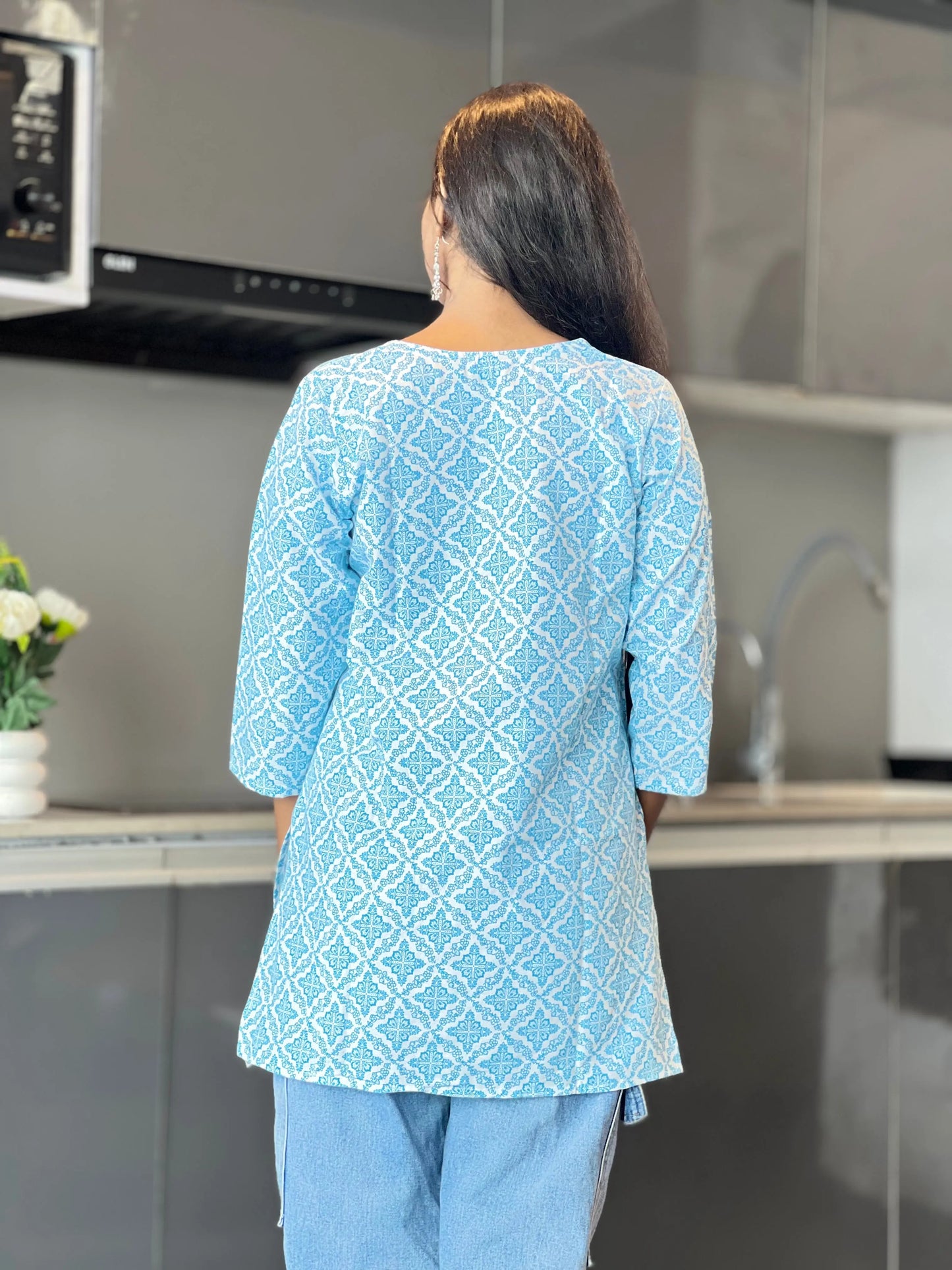 Sky Blue Printed Cotton Kurti for Women Kurti Wale