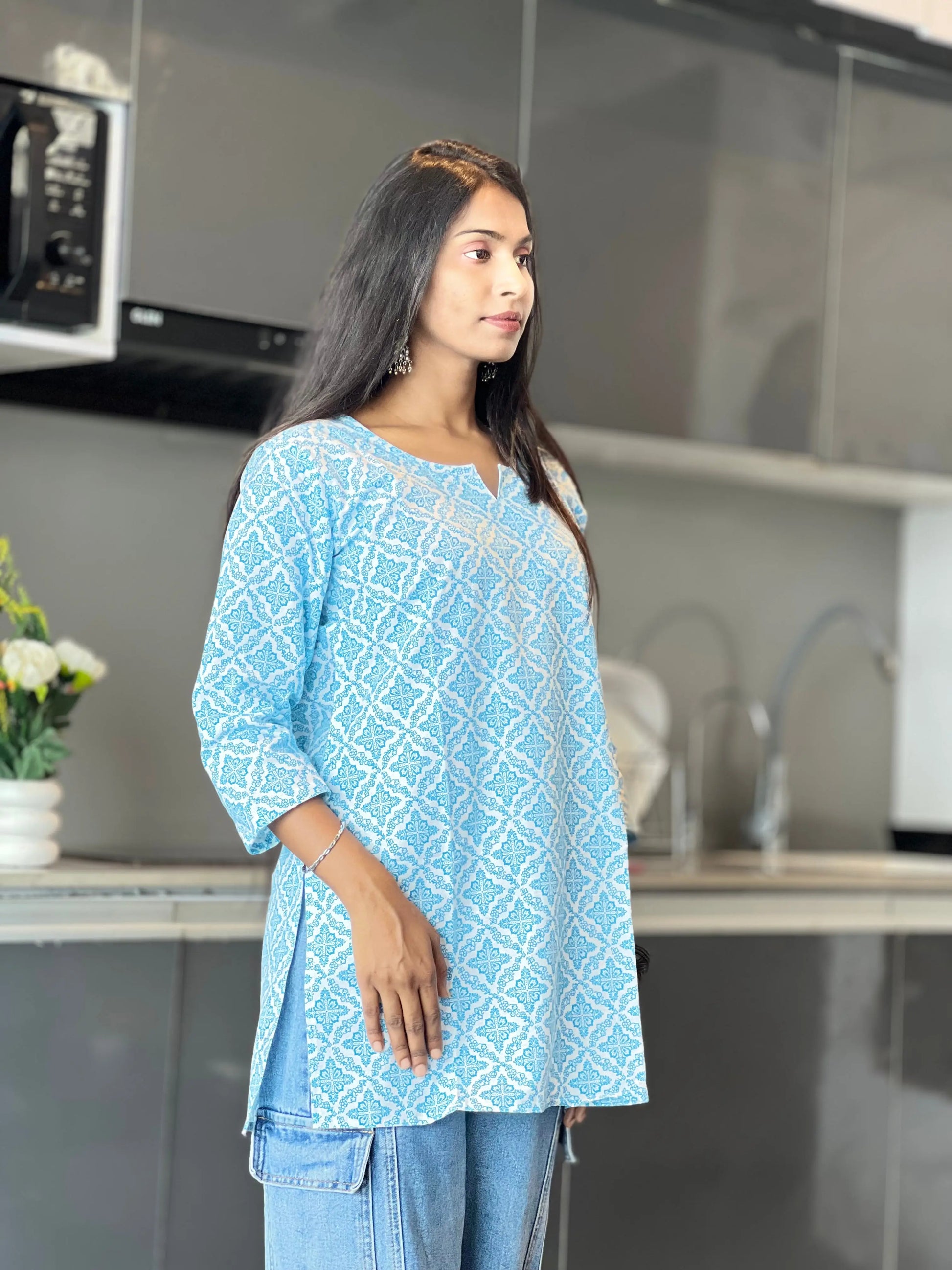 Sky Blue Printed Cotton Kurti for Women Kurti Wale