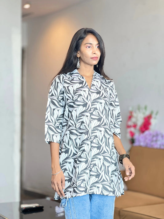 Elegant Grey & White Leaf Print Cotton Kurti for Women Kurti Wale