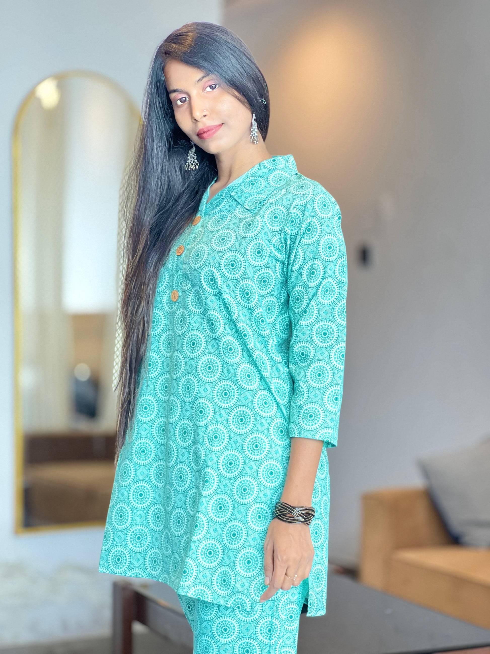 Kurti Wale Women's Cotton Co-ord Set – Green Printed Kurta with Pants | Comfortable & Affordable Daily Wear Kurti Wale