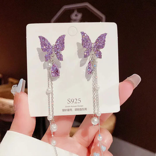 Purple Butterfly Long Pearl Tassel Earrings Kurti Wale